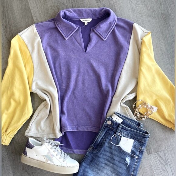ee:some Size Med Purple/Yellow French Terry V-Neck Collared Long Sleeve Pullover - Picture 6 of 8